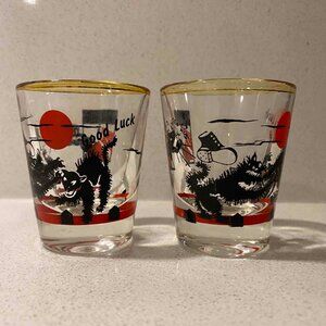 2 Vintage Shot Glass BLACK CATS Yowling & Swearing MAN - GOOD LUCK